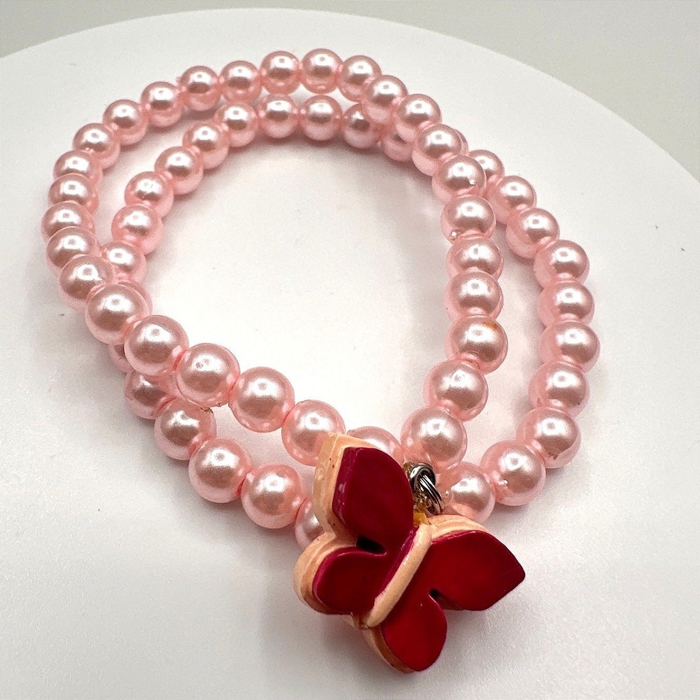 Vintage Y2K Pink Faux Pearl Double Strand Bracelet Butterfly Charm Boho Jewelry